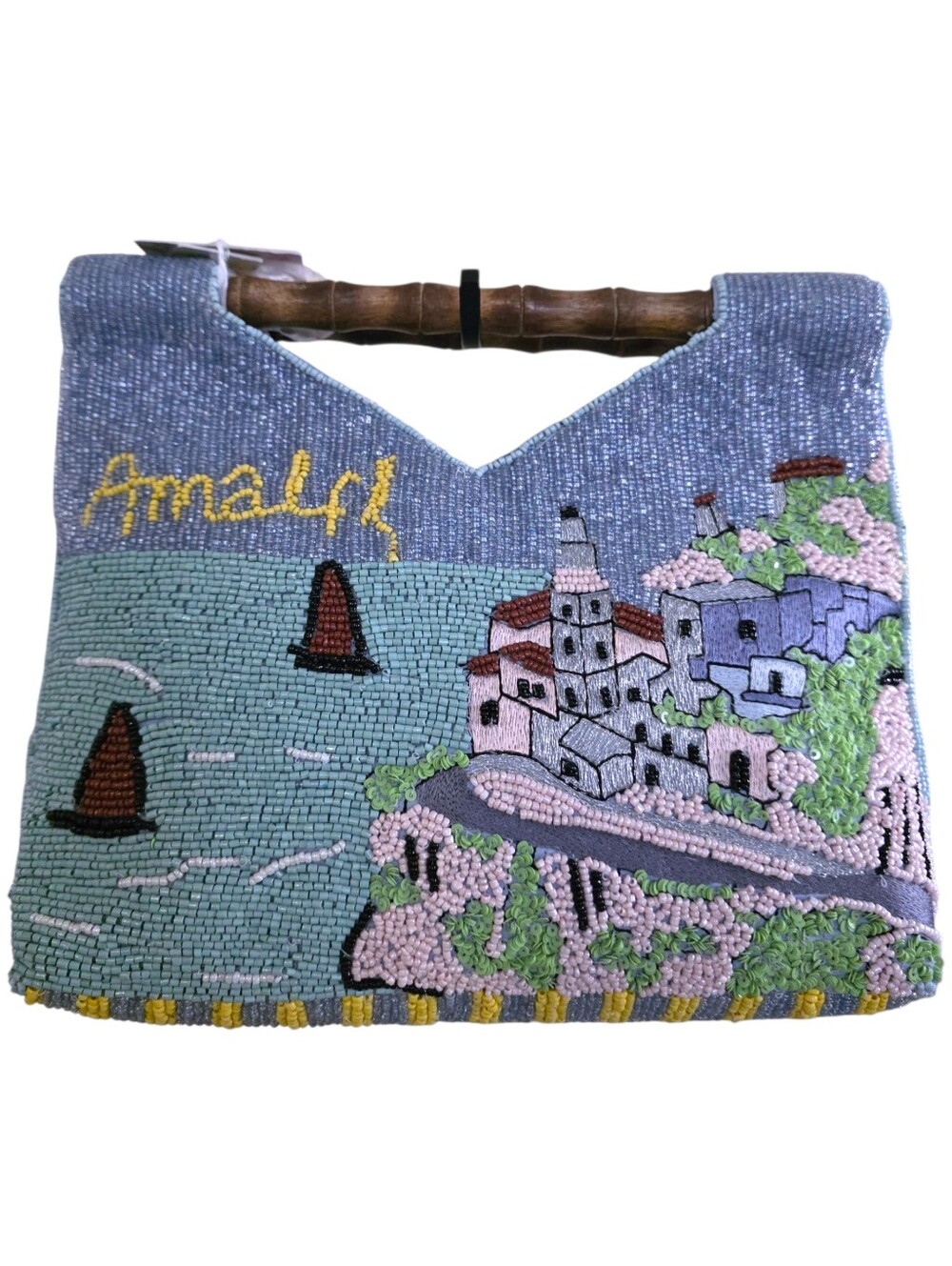 NEW Amalfi Coast Beaded Bag Italy Bamboo Handle Blue Clutch Purse Made In India